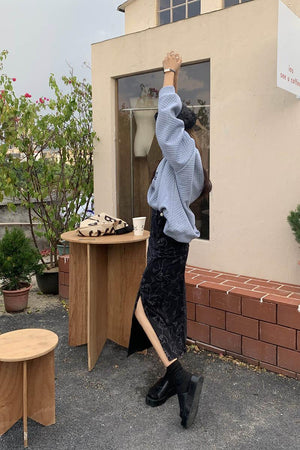 Abstract Faces Denim Midi Skirt