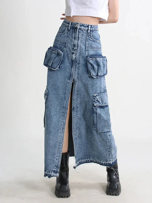 Cargo Split Denim Midi Skirt