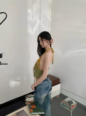 Floral Tie Front Halter Crop Top