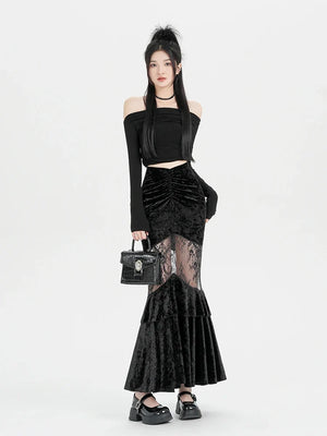 Goth Velvet Lace Maxi Skirt