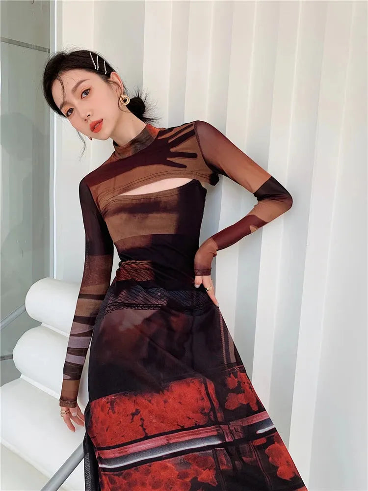 Crop Top & Mesh Midi Dress Two Piece Set