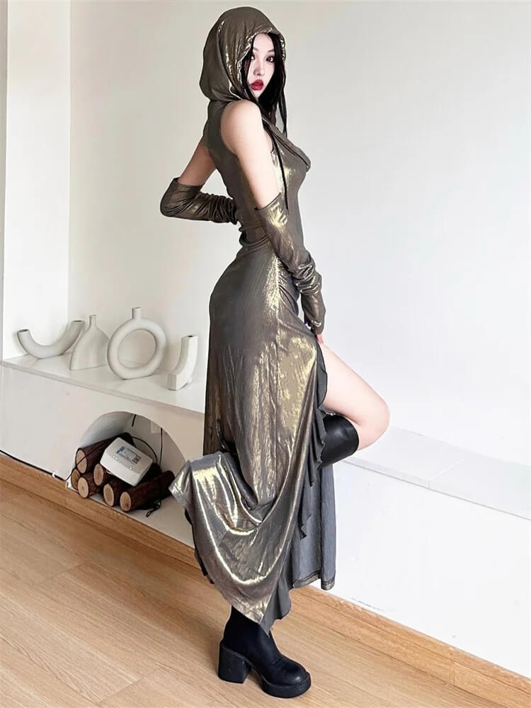 Cyberpunk Metallic Hooded Midi Dress