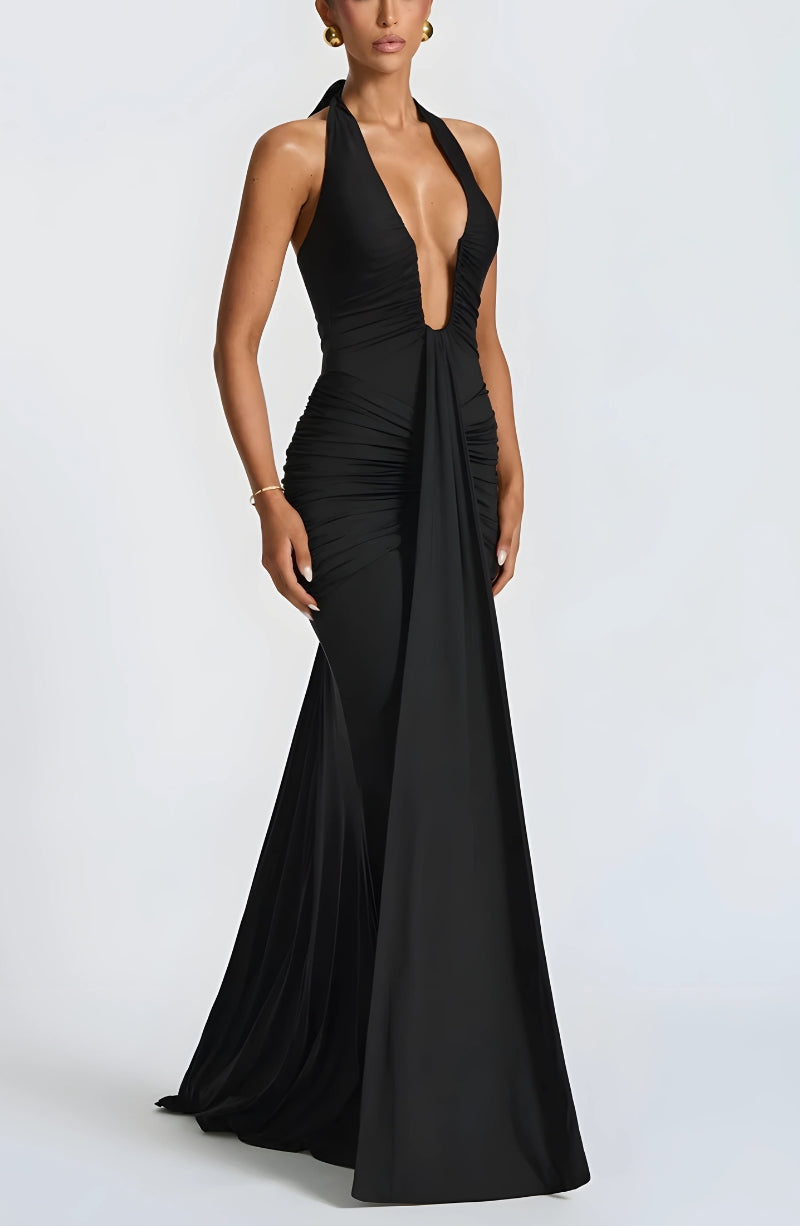 Deep Plunge Ruched Maxi Dress