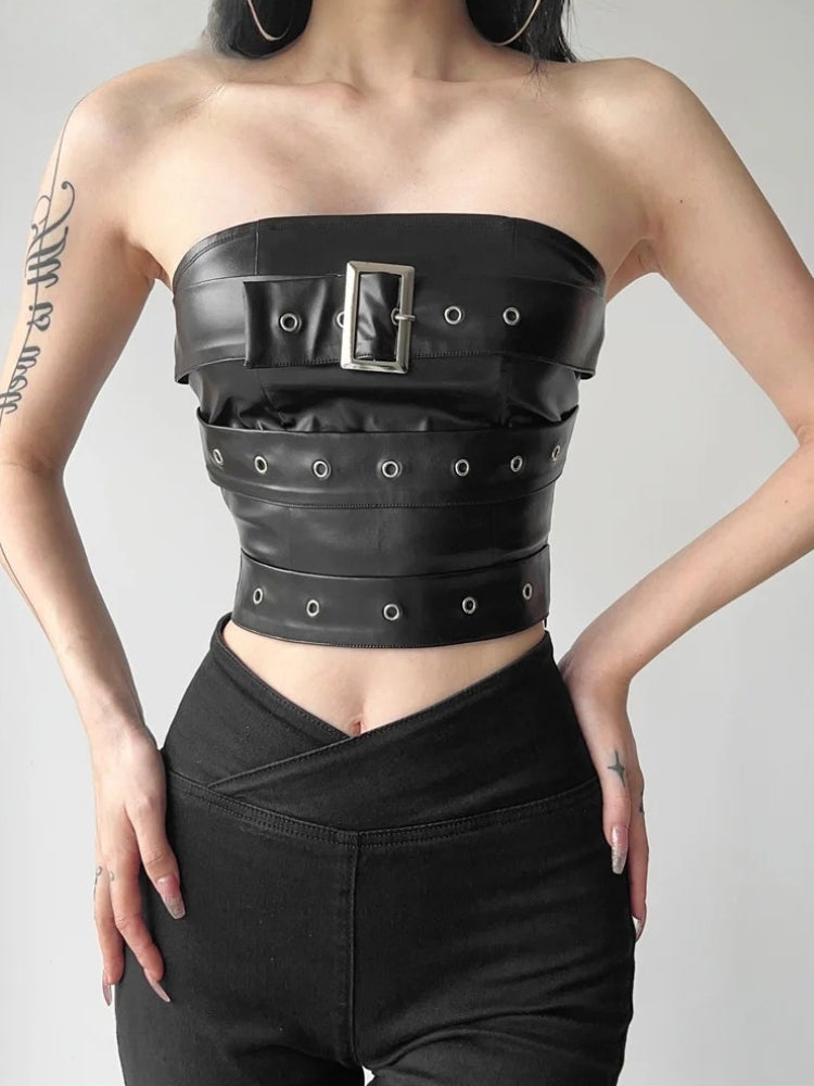Grunge Belted Faux Leather Tube Top