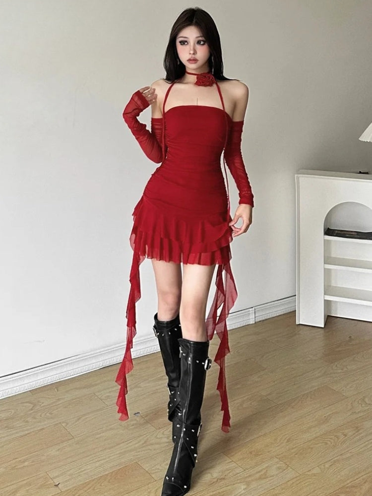 Mesh Ruffled Strapless Mini Dress