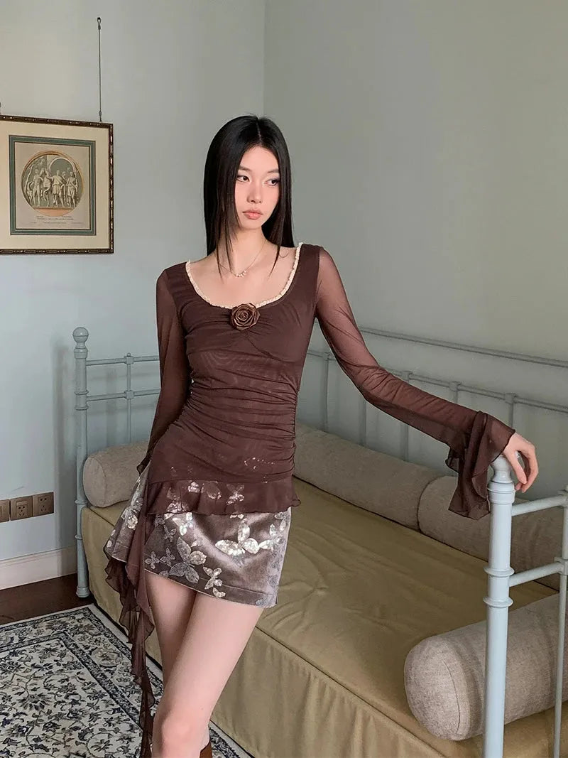 Rose Mesh Ruffled Top