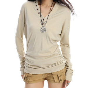 Aesthetic Loose Fit Button V-Neck Top