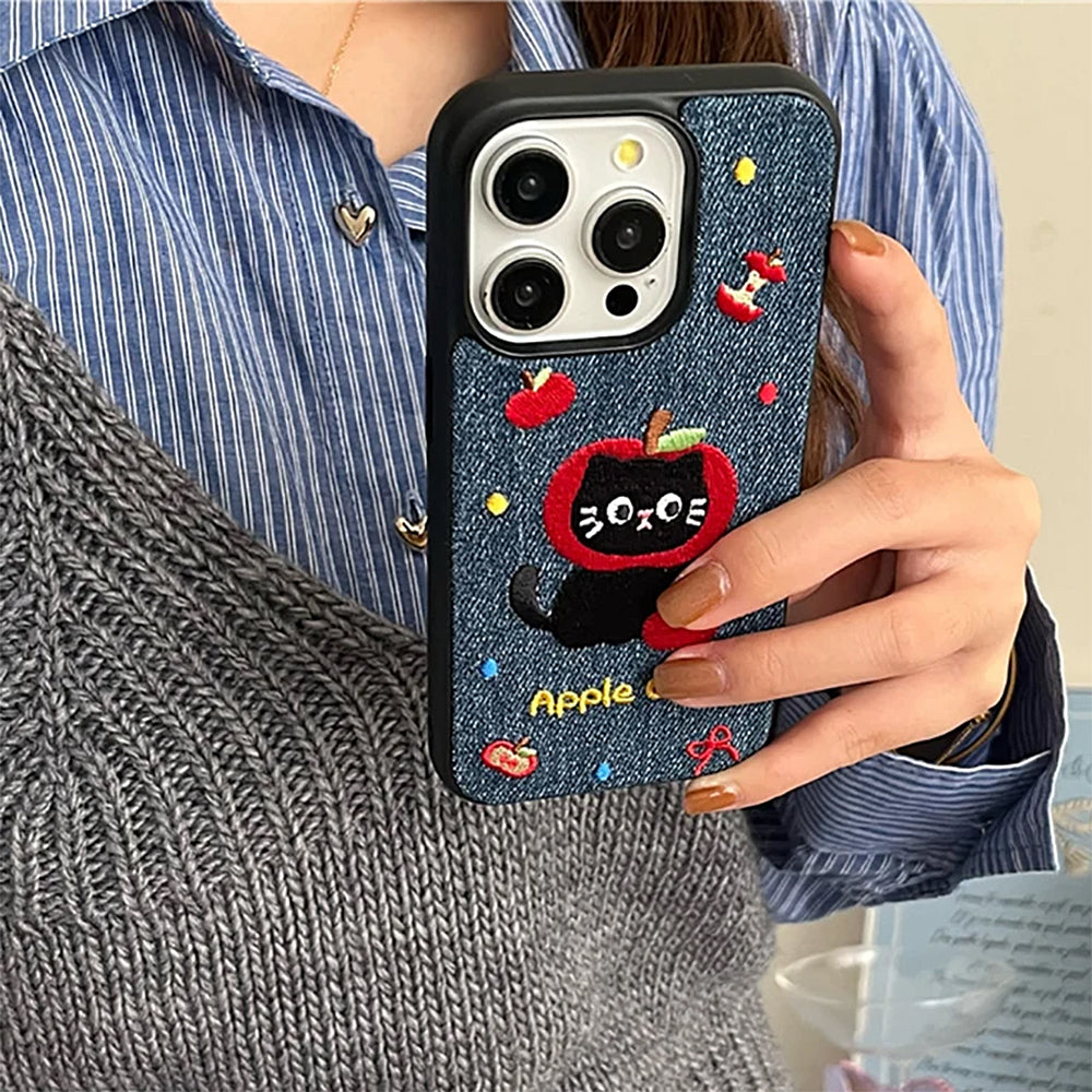 Apple Cat Embroidery iPhone Case