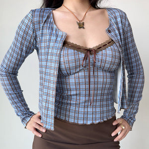 Gossip Goes Around Plaid Top + Cardigan Set