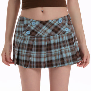Blue Brown Pleated Mini Skirt