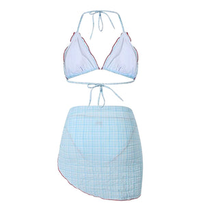 Bow Embroidery Gingham Bikini Set & Beach Skirt