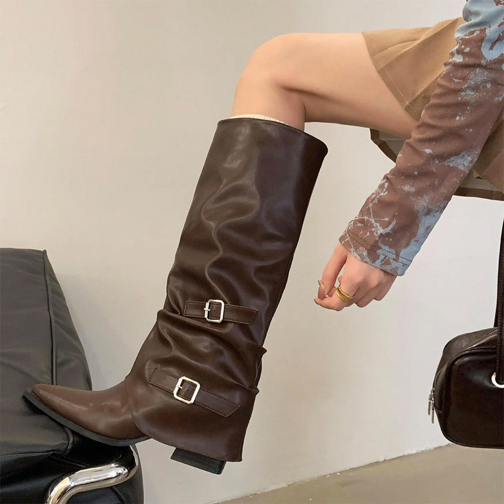 Korean Style Slouch Buckle Boots