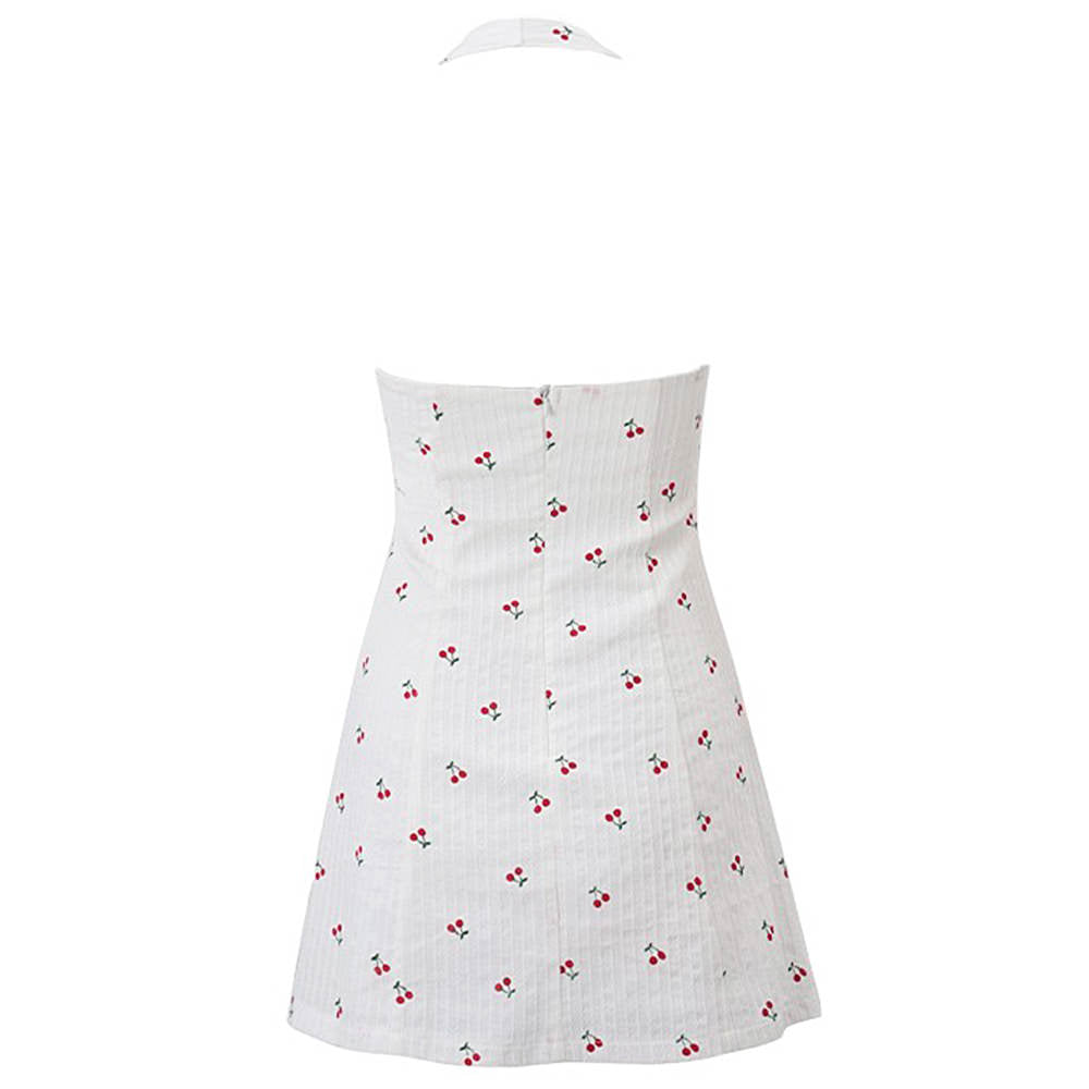 French Summer Cherry Halter Dress