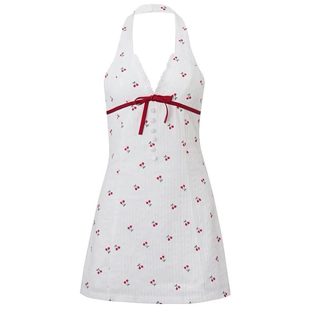French Summer Cherry Halter Dress