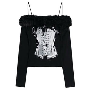 Corset Print Fur Off-Shoulder Top