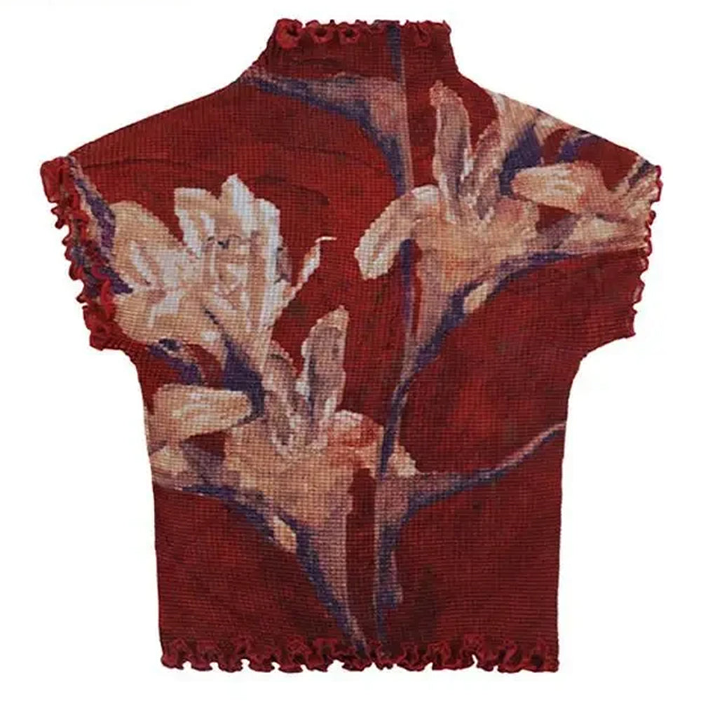 Crimson Bloom Mesh Top