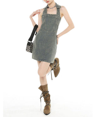 Y2K Aesthetic Halter Denim Dress