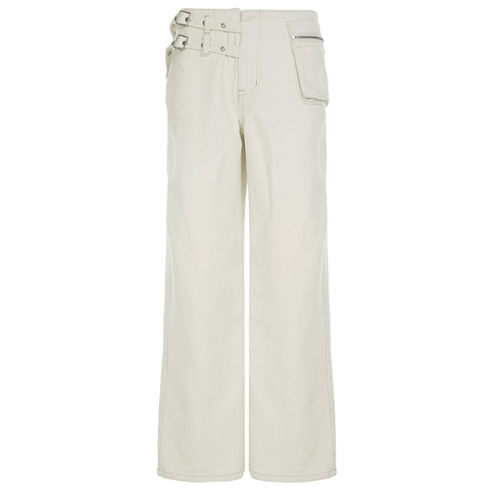 Double-Buckle Wide Leg Jeans