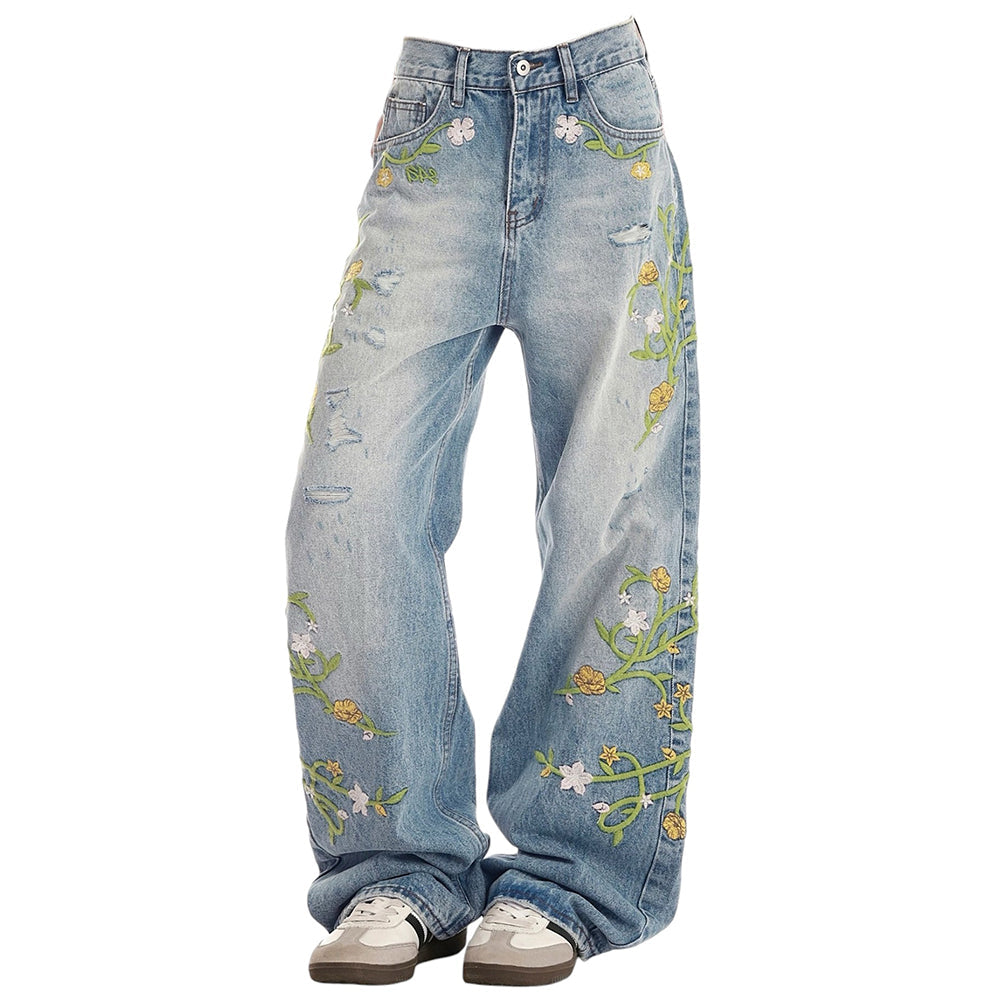 Floral Vine Fairycore Embroidery Jeans