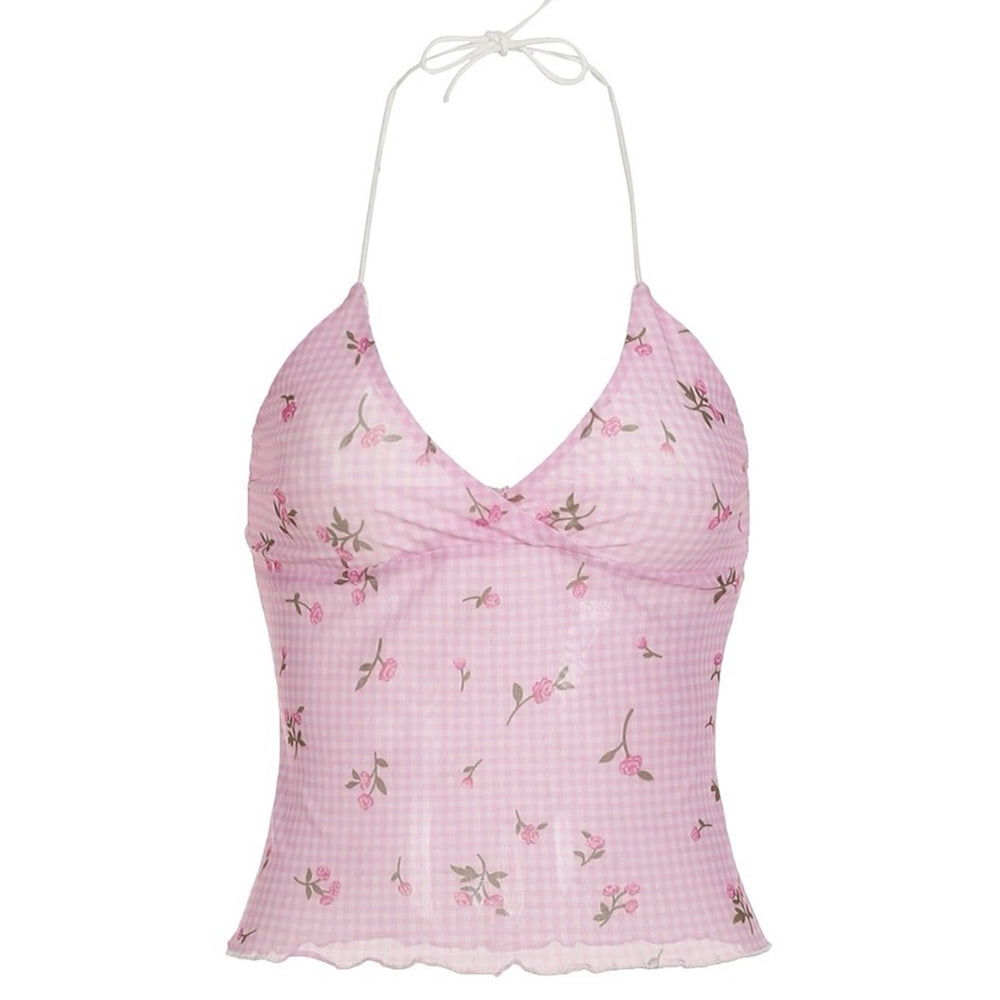 Floral Gingham Y2K Halter Top