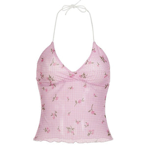 Floral Gingham Y2K Halter Top