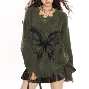 Grunge Butterfly Fuzzy Knit Sweater