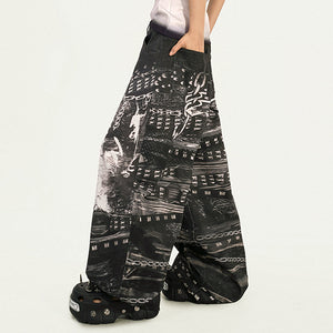 Grunge Chain Print Wide Pants