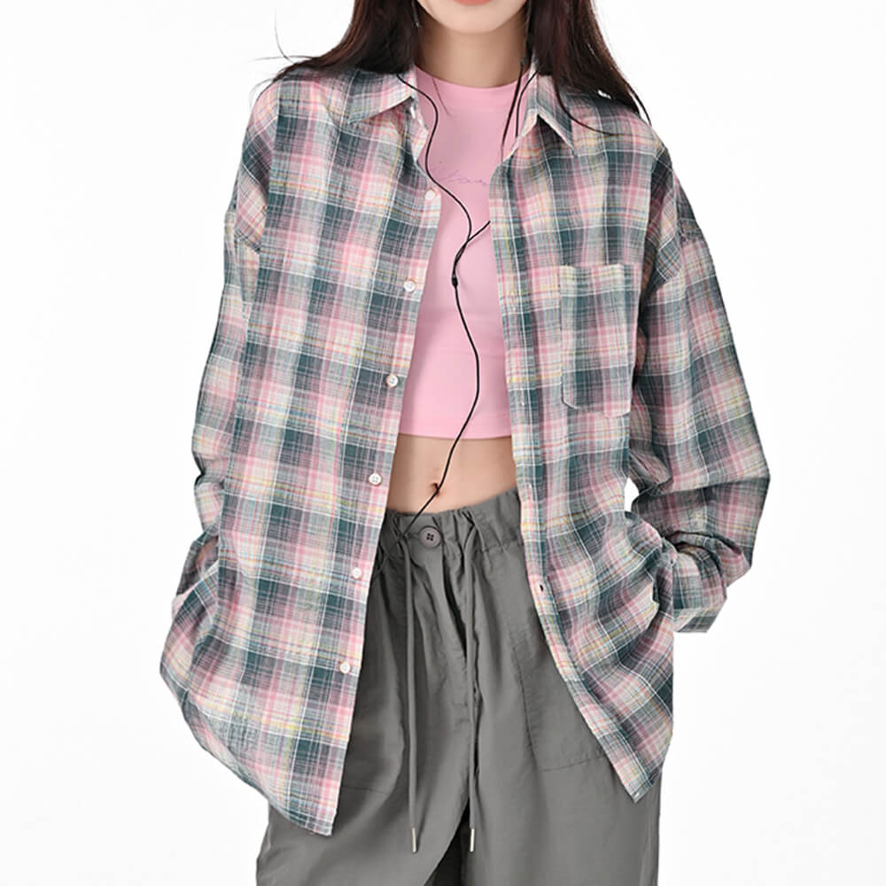 Pink and Green Plaid Button-Up Shirt
