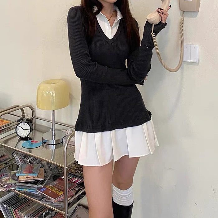 Preppy Style Pleated Knit Dress