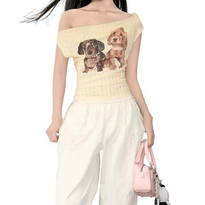 Puppy Print Off Shoulder Top