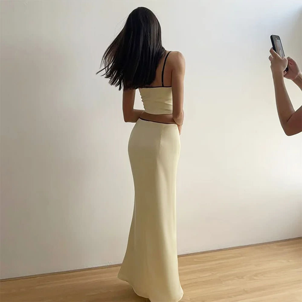 French Summer Satin Top & Maxi Skirt Set