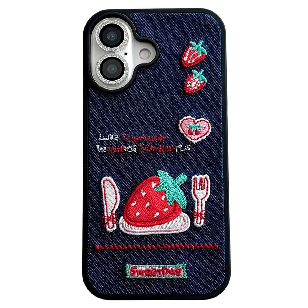 Strawberry Embroidery Denim iPhone Case
