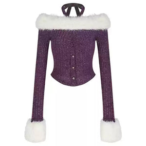 Y2K Fuzzy Off Shoulder Knit Top